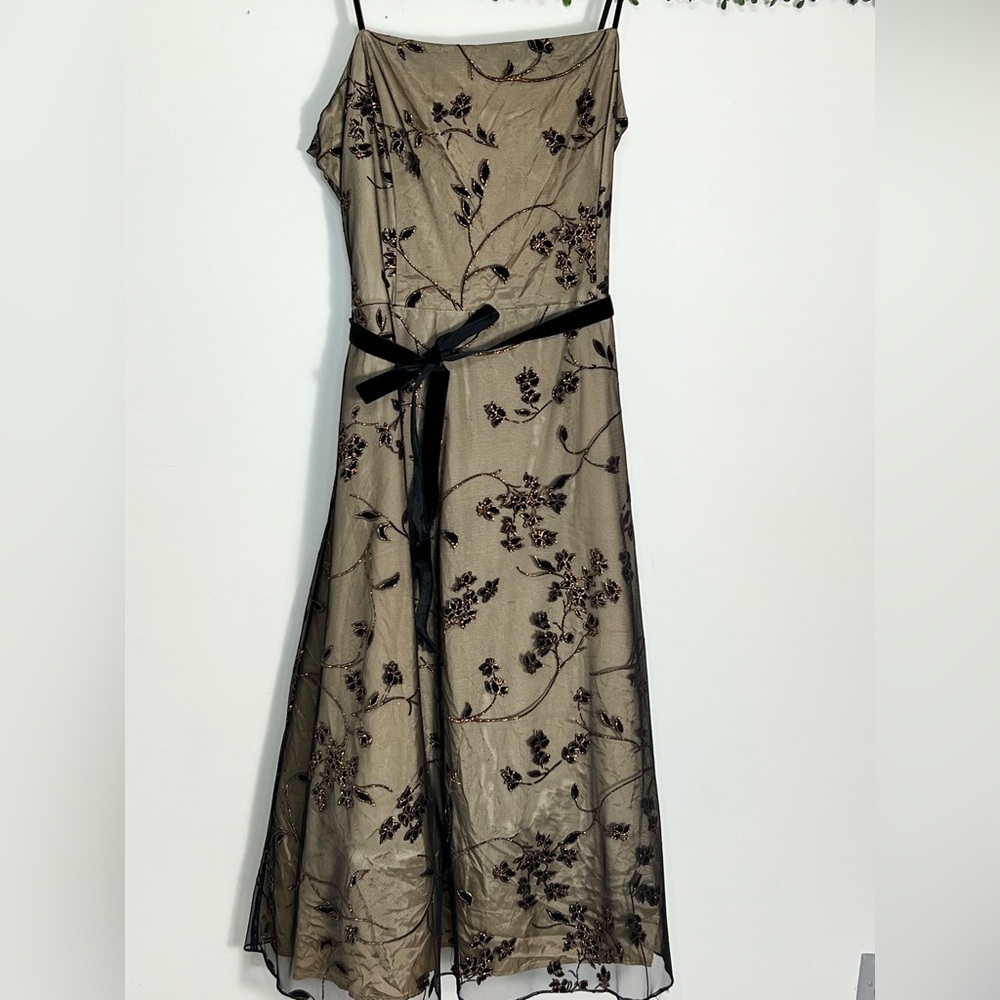 Vintage Jessica Howard Y2K Black Sheer Velvet Burnout Tan Formal Maxi Dress 14 - Picture 1 of 12